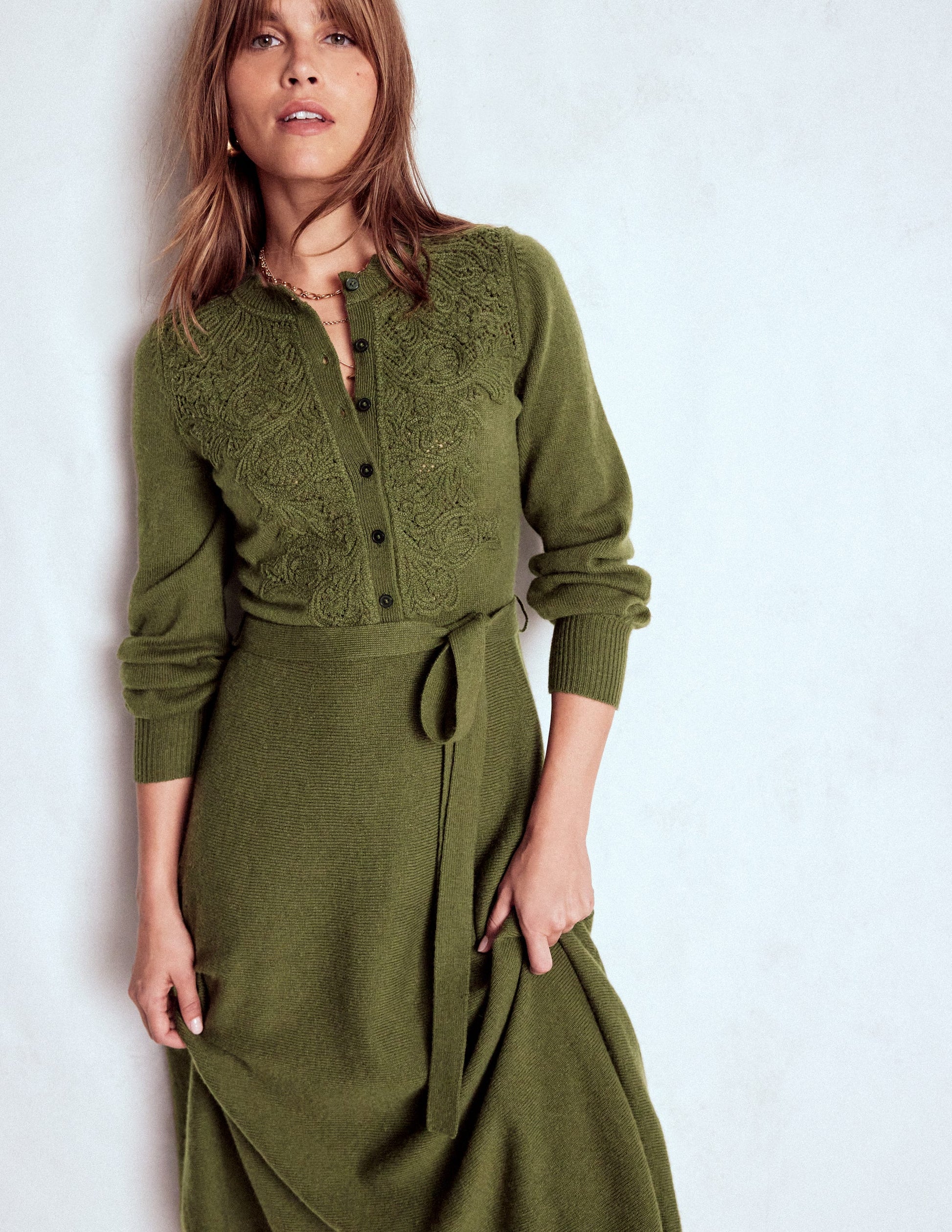 Lace Insert Knitted Midi Dress-Forest Glade-4