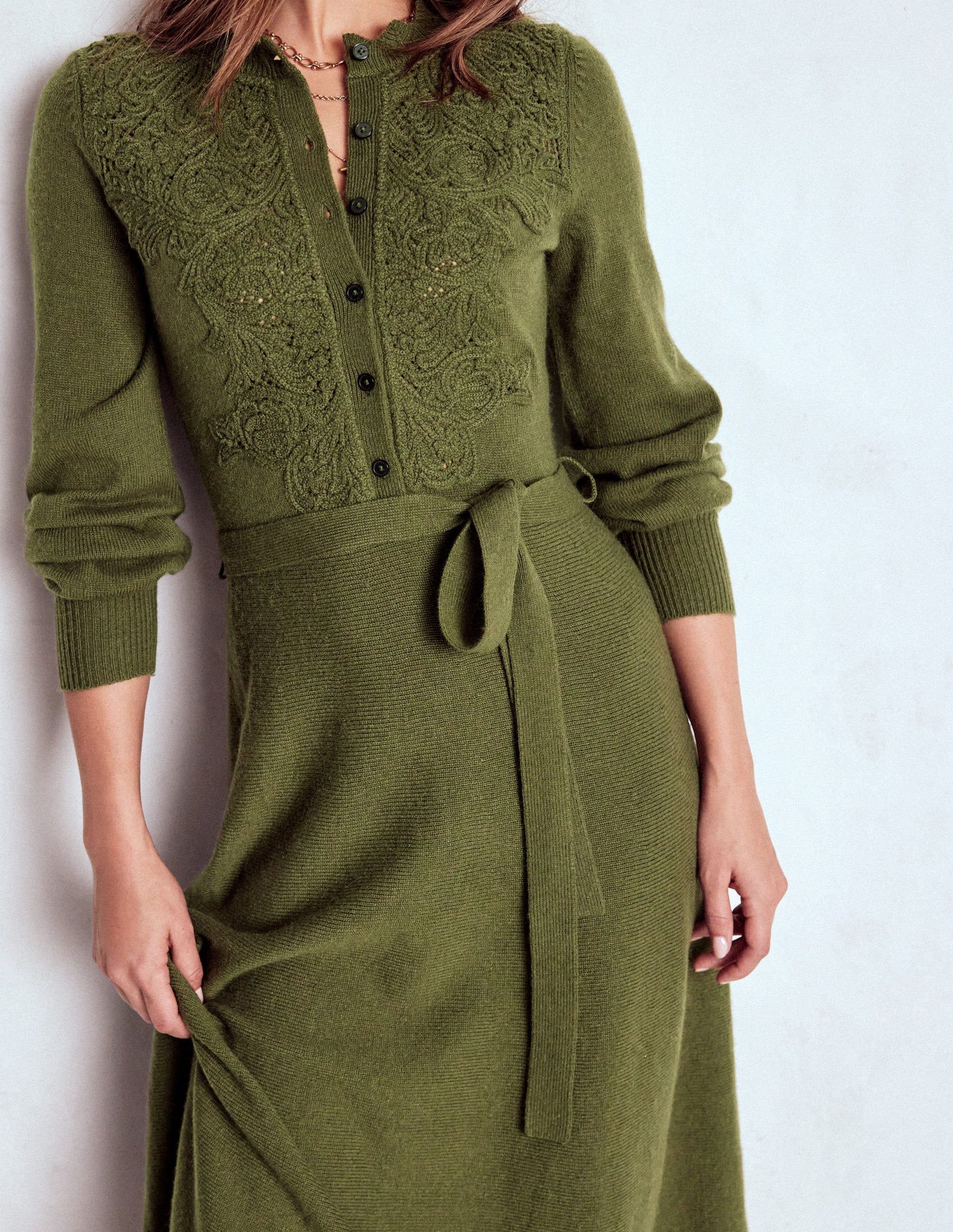 Lace Insert Knitted Midi Dress-Forest Glade-5