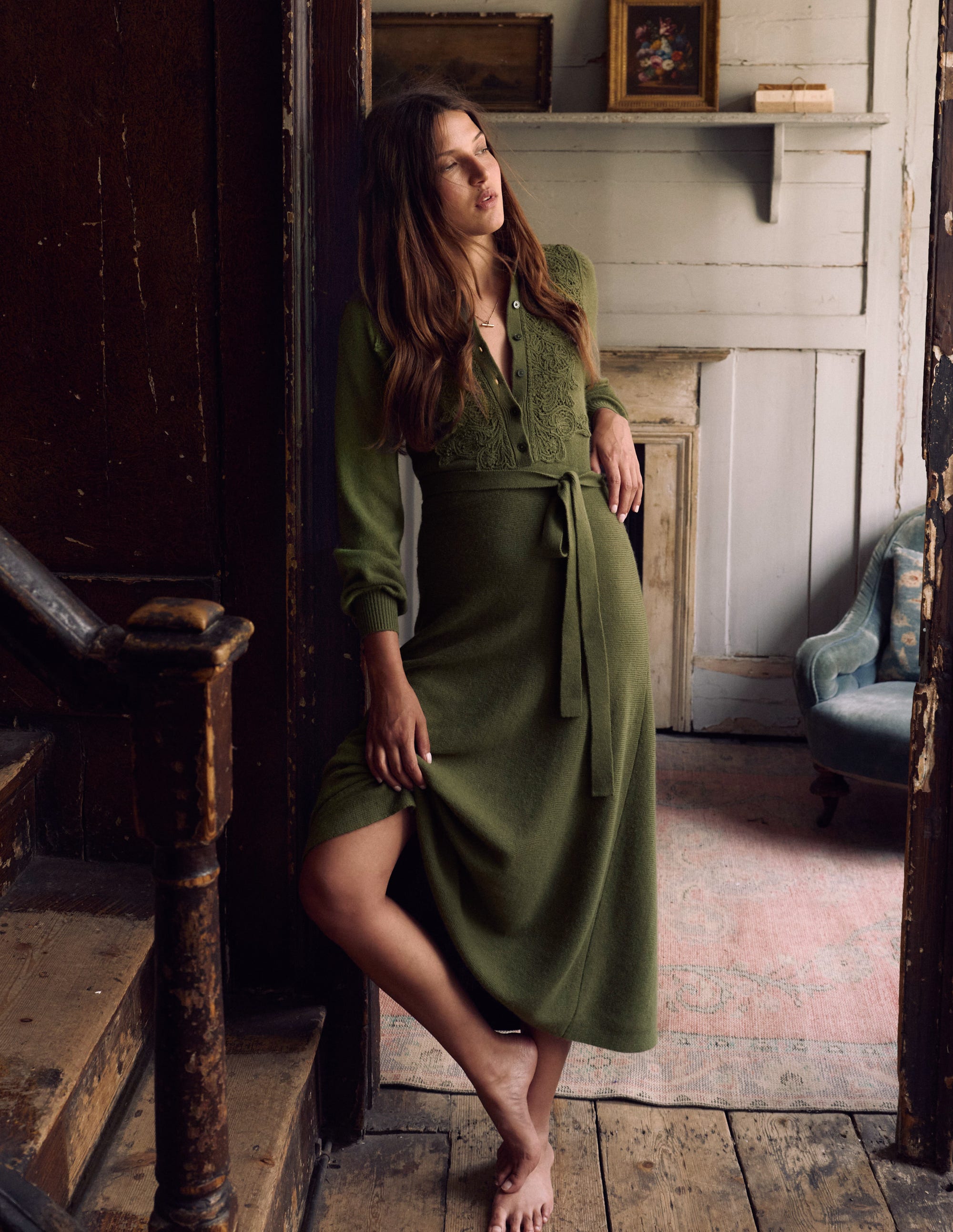 Lace Insert Knitted Midi Dress-Forest Glade - Image 6