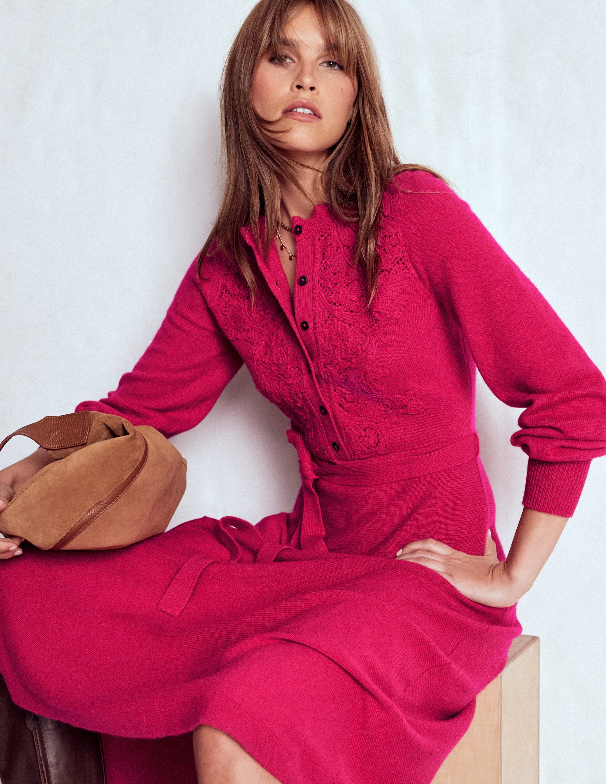 Lace Insert Knitted Midi Dress-Vibrant Pink - Image 1