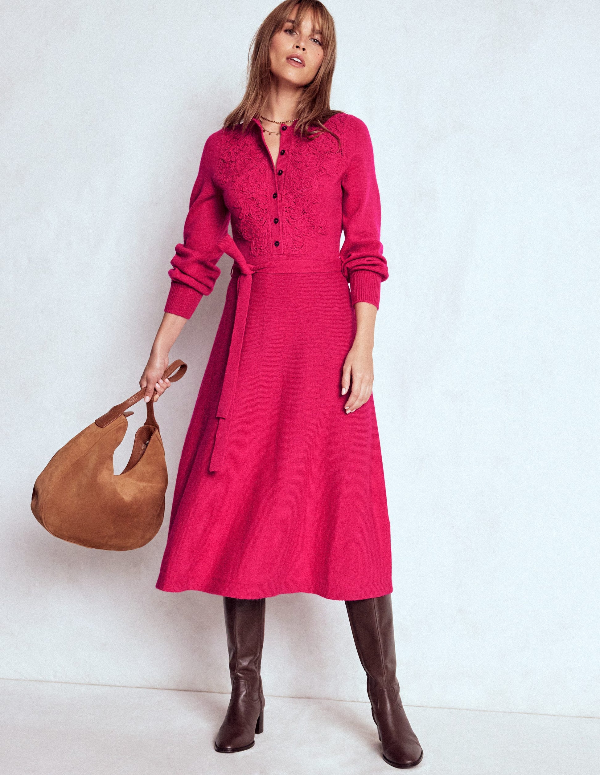 Lace Insert Knitted Midi Dress-Vibrant Pink-4