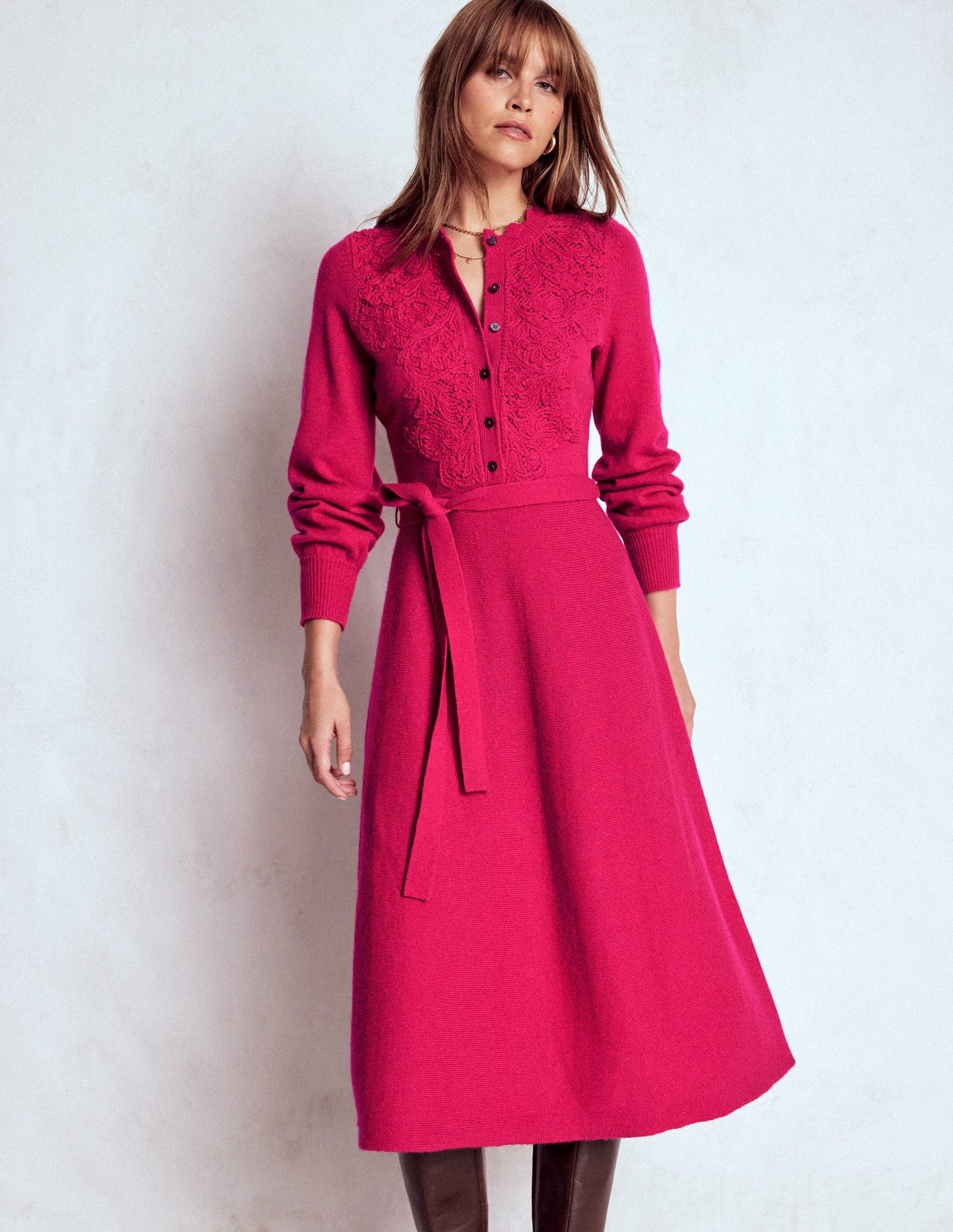 Lace Insert Knitted Midi Dress-Vibrant Pink