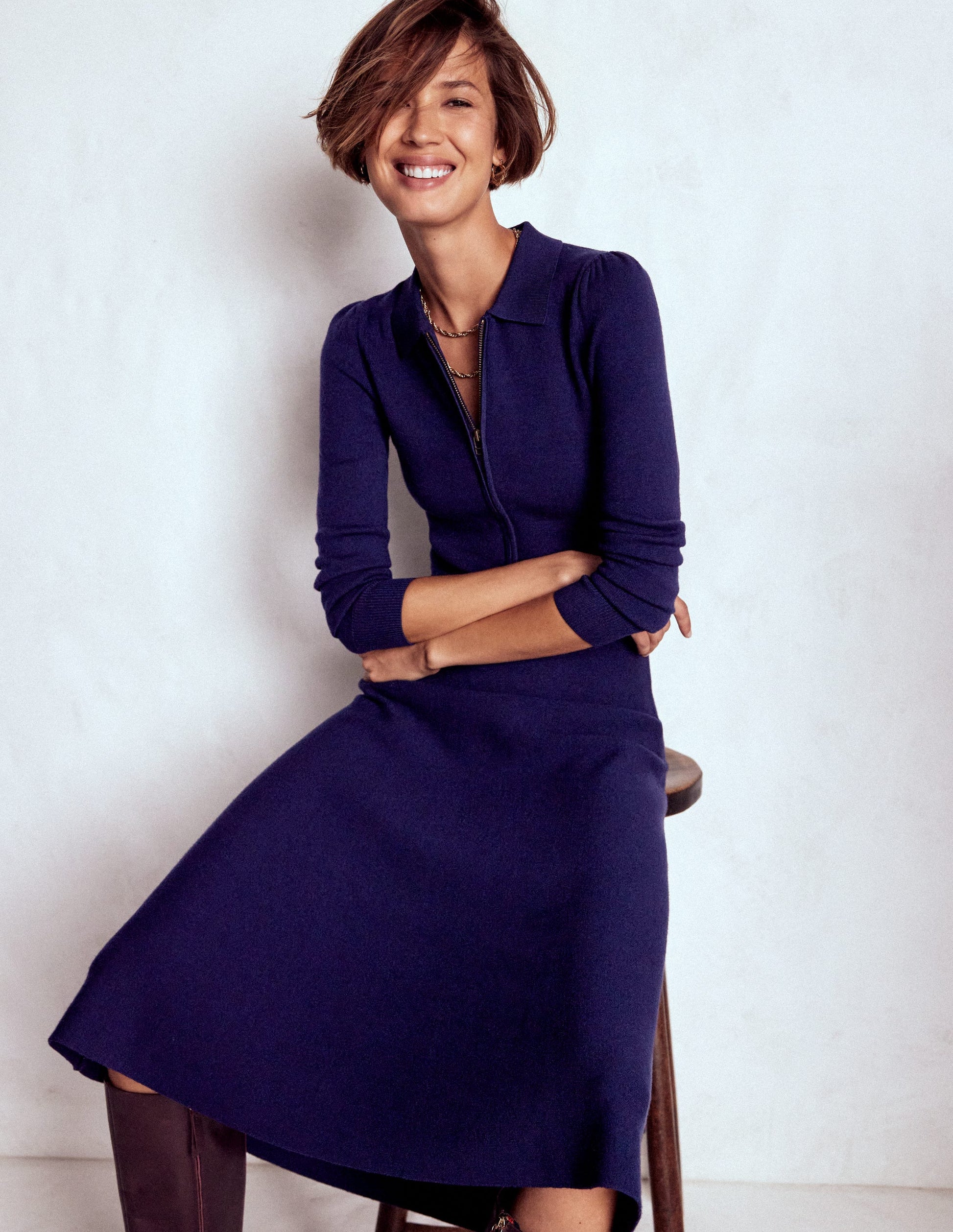 Fiona Zip Front Knitted Dress-Navy-1