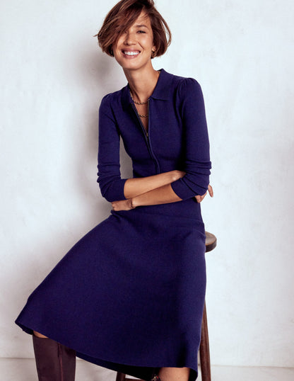 Fiona Zip Front Knitted Dress-Navy-1