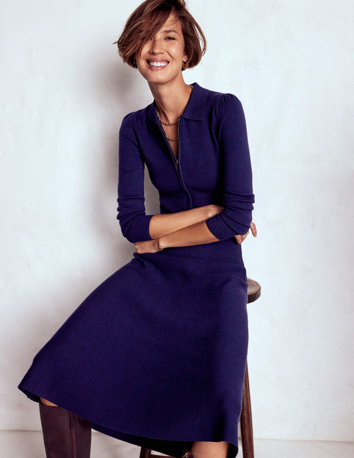 Fiona Zip Front Knitted Dress-Navy