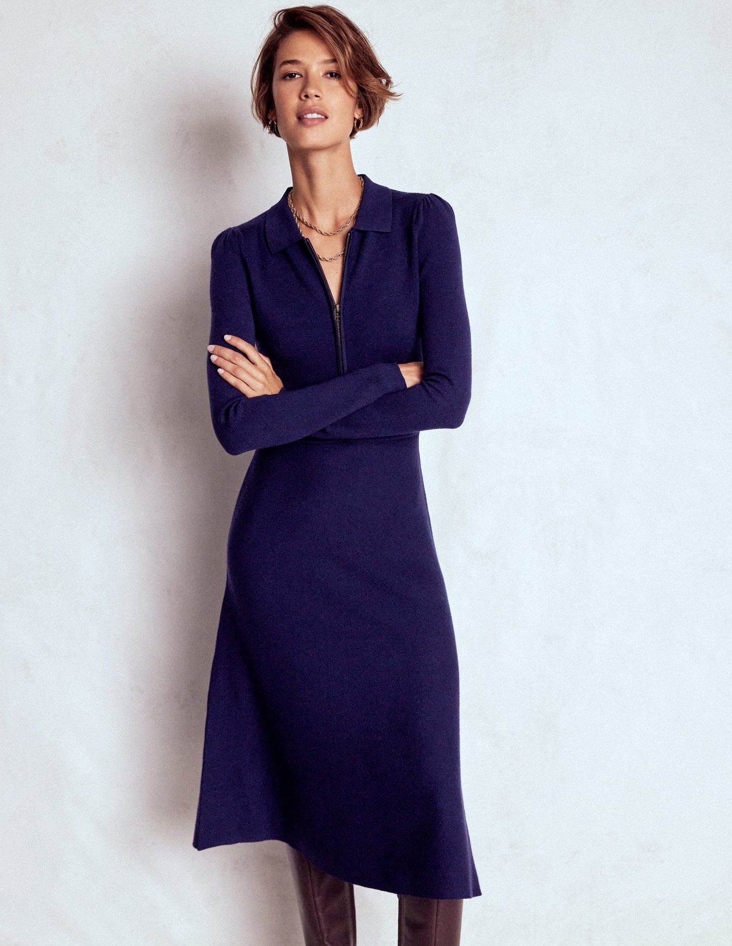 Fiona Zip Front Knitted Dress-Navy
