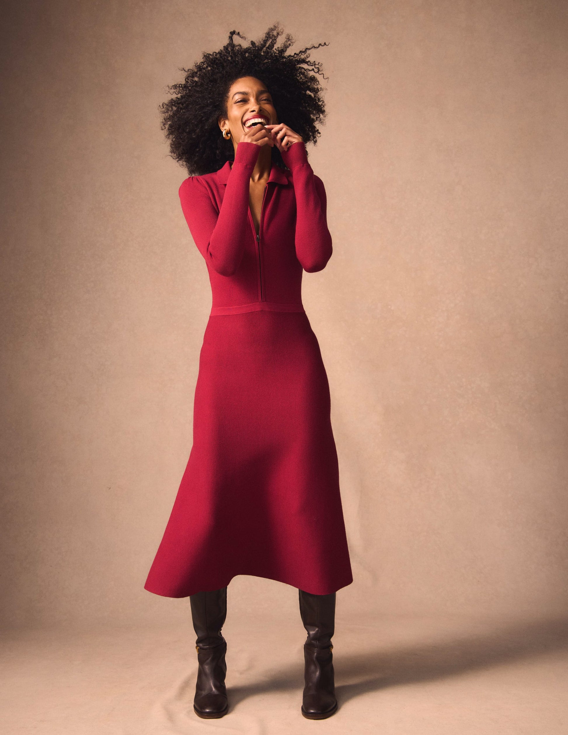 Fiona Zip Front Knitted Dress-Ruby Red-6