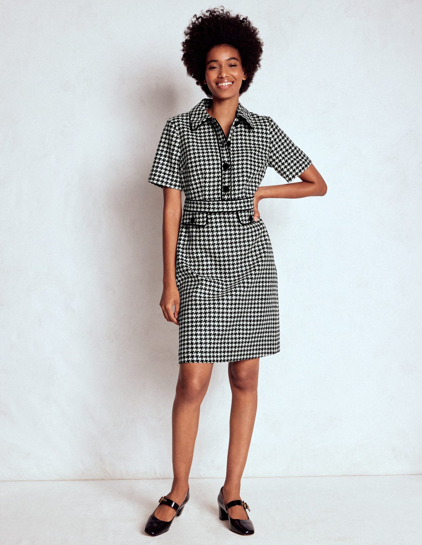 Eda Wool Shift Dress-Black Dogstooth