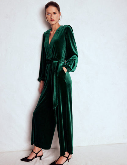 Jersey Velvet Wrap Jumpsuit-Emerald Night-4