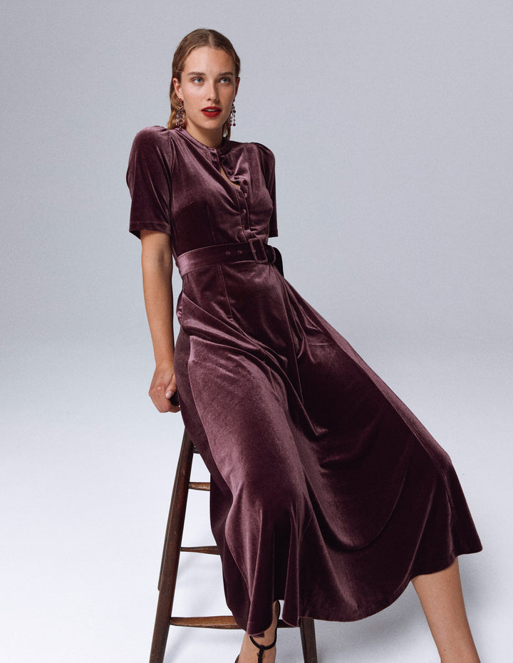 Kate Velvet Shirt Dress-Dark Cherry