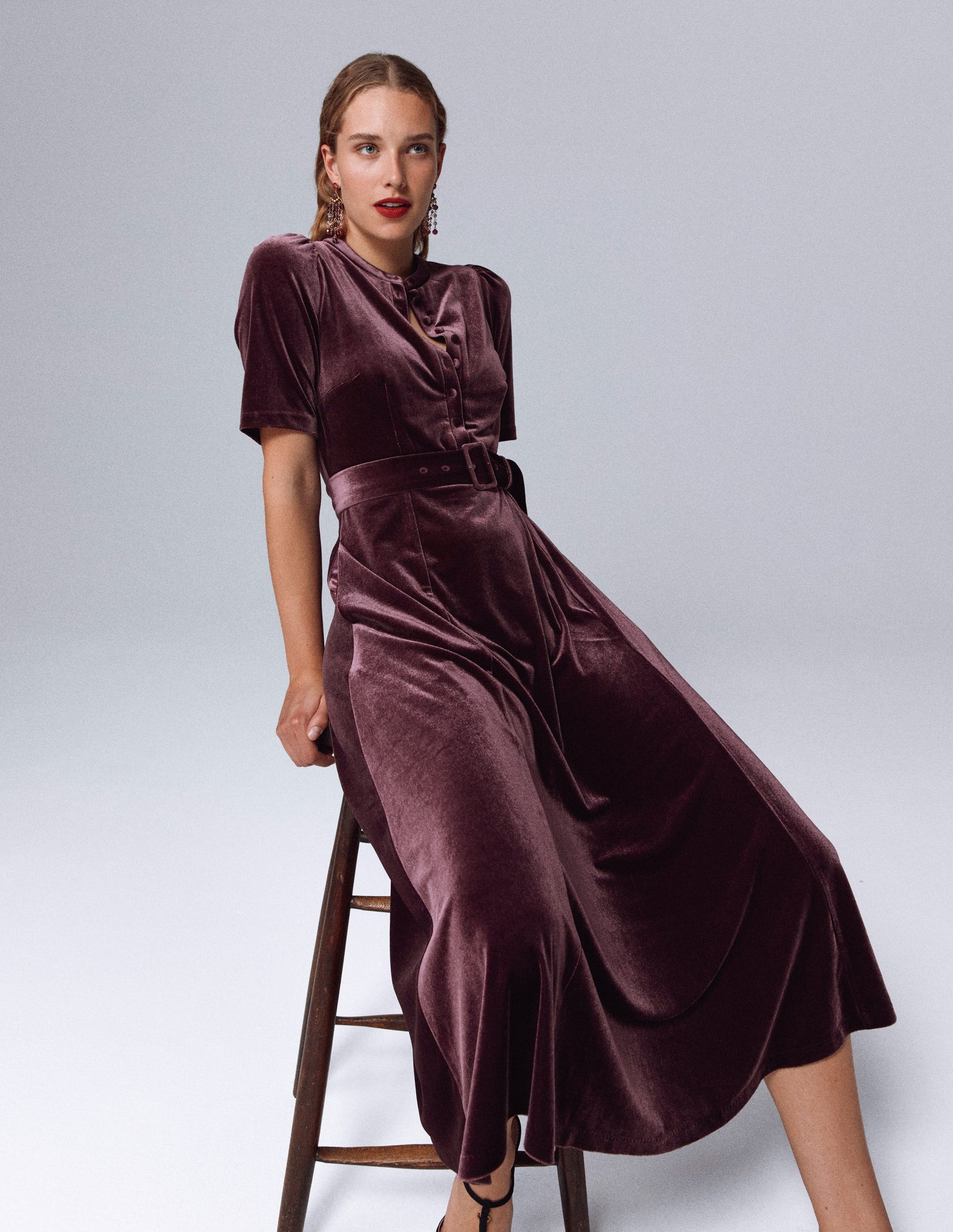 Kate Velvet Shirt Dress-Dark Cherry-5