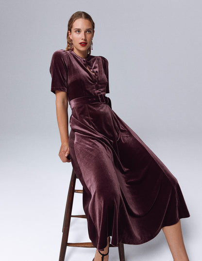 Kate Velvet Shirt Dress-Dark Cherry-5