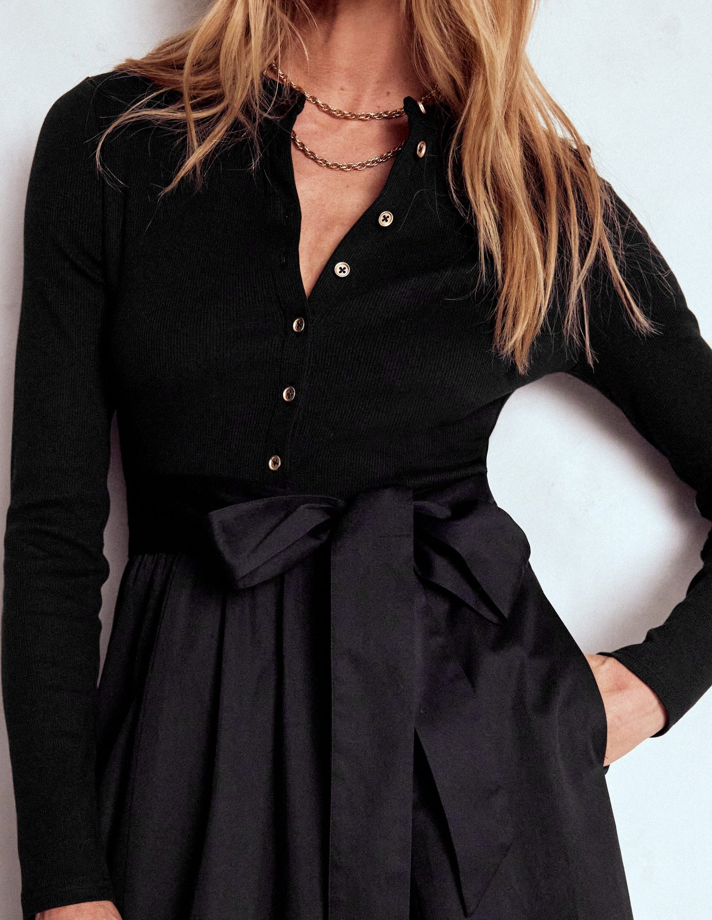 Button Detail Mix Dress-Black