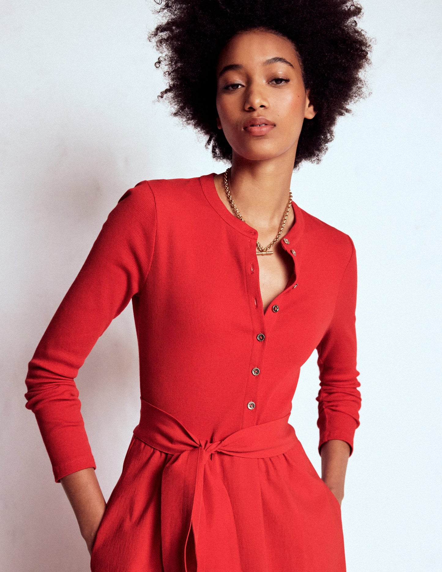 Button Detail Mix Dress-Crimson Red