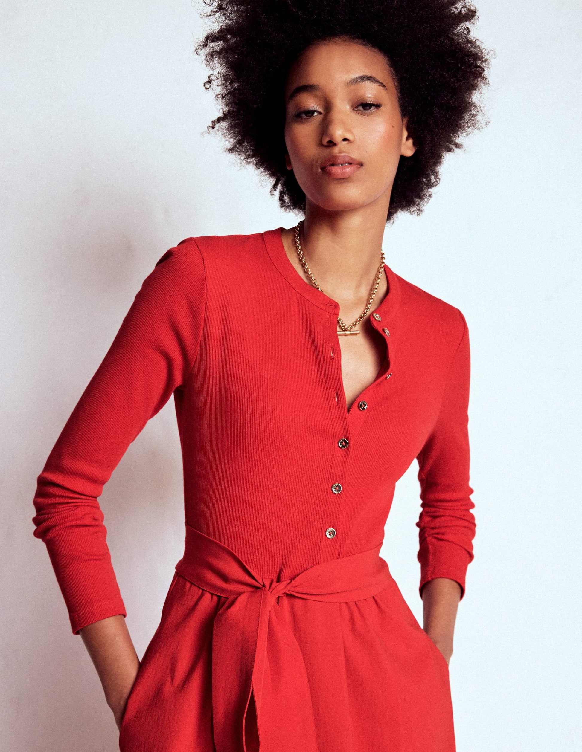 Button Detail Mix Dress-Crimson Red-2