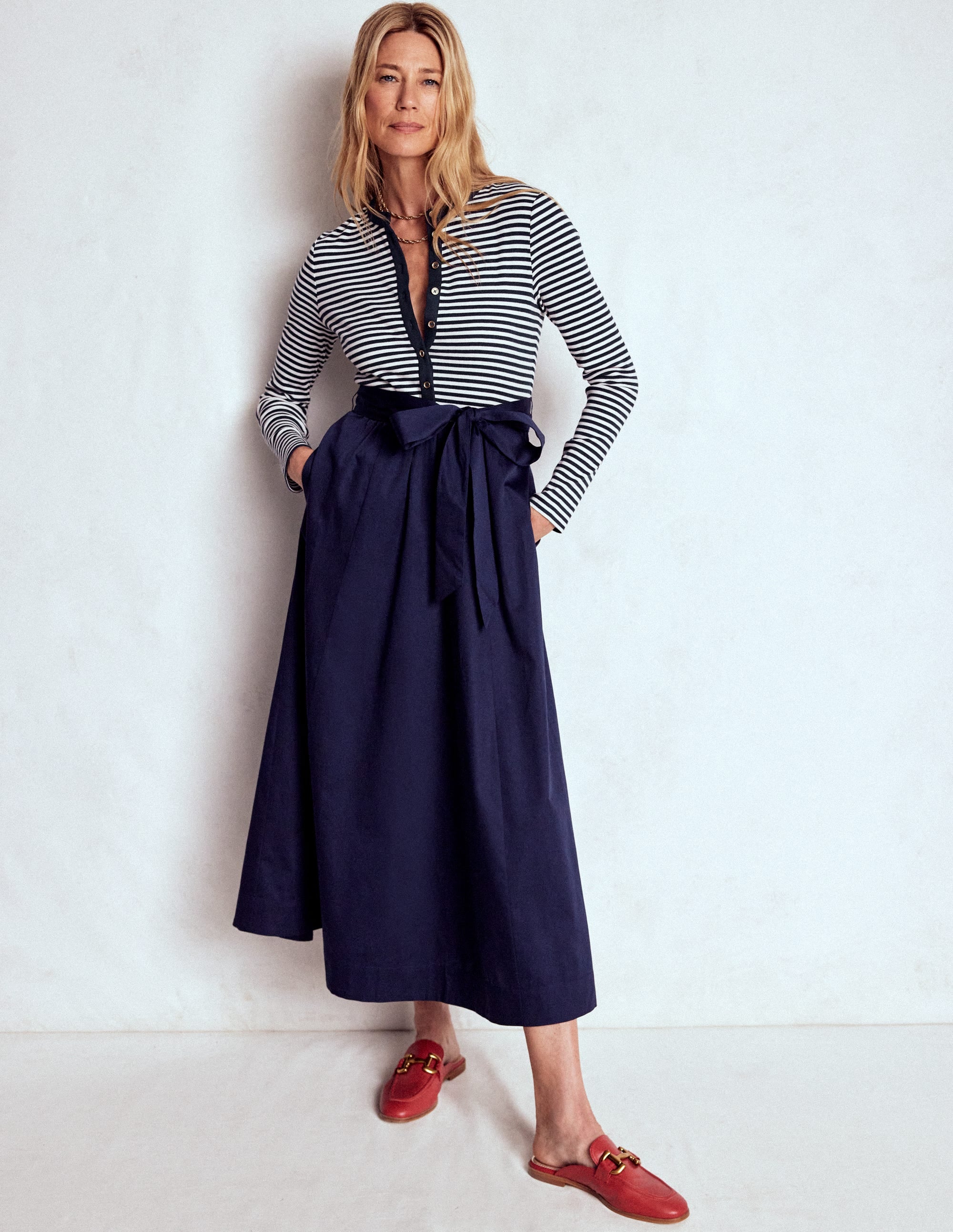 Button Detail Mix Dress-Navy Stripe - Image 1