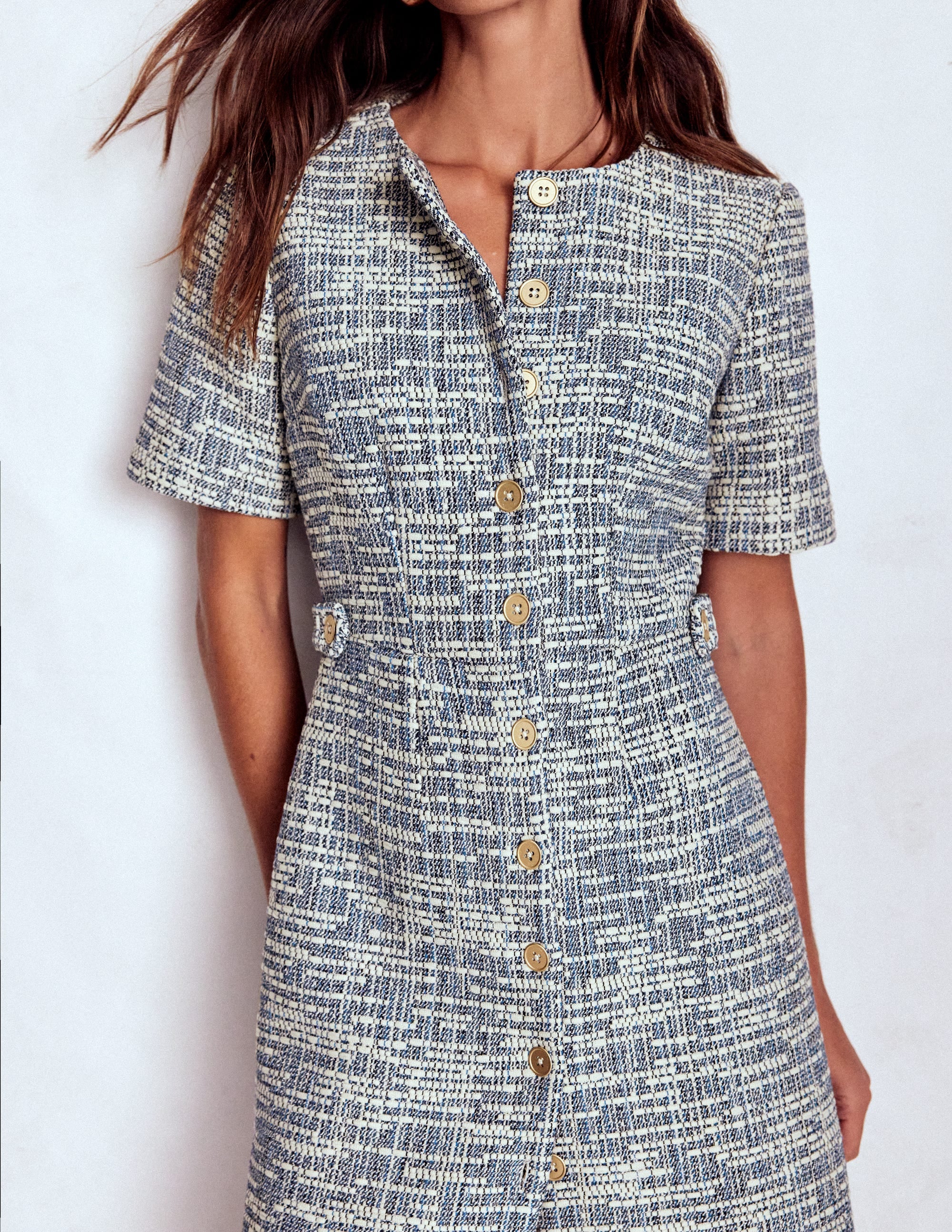 Textured Tab Short Dress-Blue and White Texture - Image 2