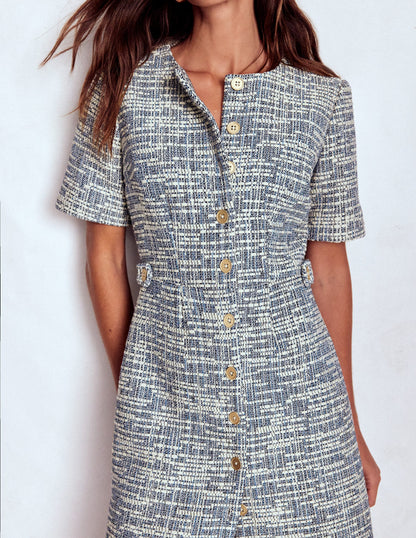 Textured Tab Short Dress-Blue and White Texture-2