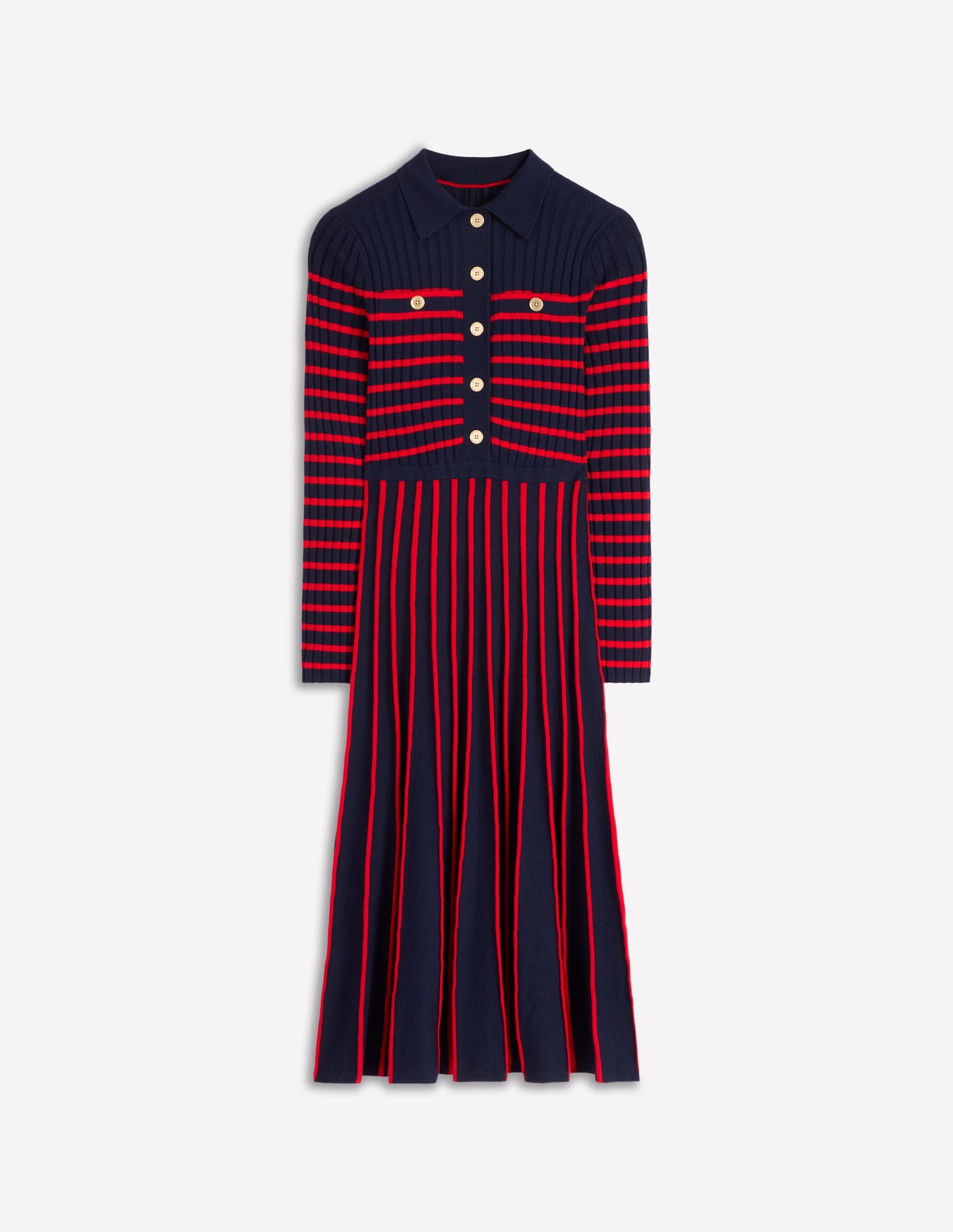 Brönte Knitted Rib Shirt Dress-Navy and Red Stripe