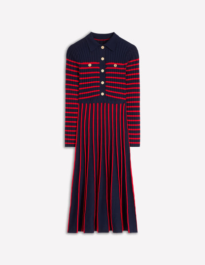 Brönte Knitted Rib Shirt Dress-Navy and Red Stripe-7