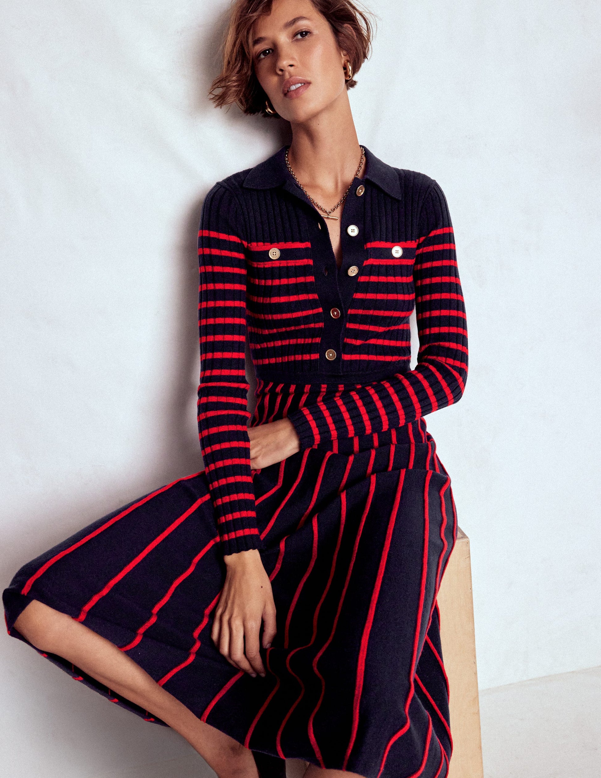 Brönte Knitted Rib Shirt Dress-Navy and Red Stripe Brönte Knitted Rib Shirt Dress-Navy and Red Stripe