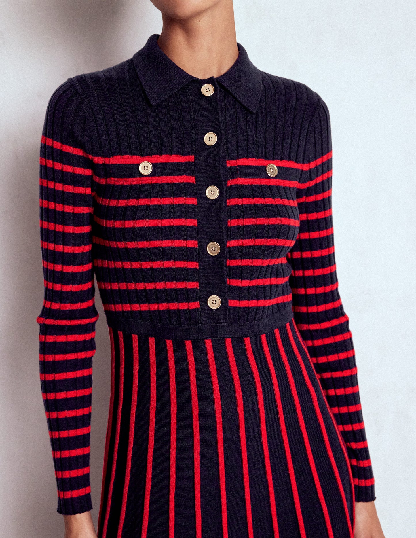 Brönte Knitted Rib Shirt Dress-Navy and Red Stripe