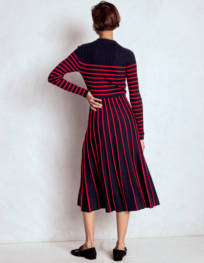 Brönte Knitted Rib Shirt Dress-Navy and Red Stripe-3
