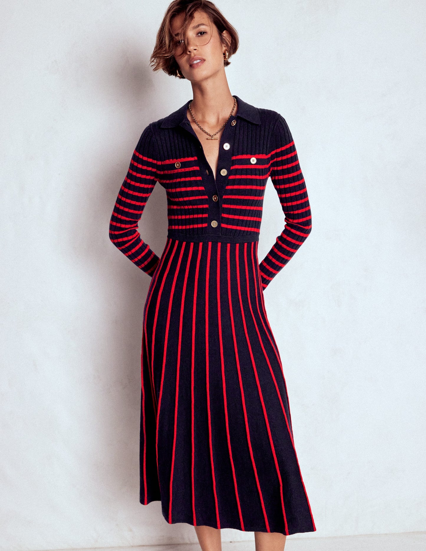 Brönte Knitted Rib Shirt Dress-Navy and Red Stripe
