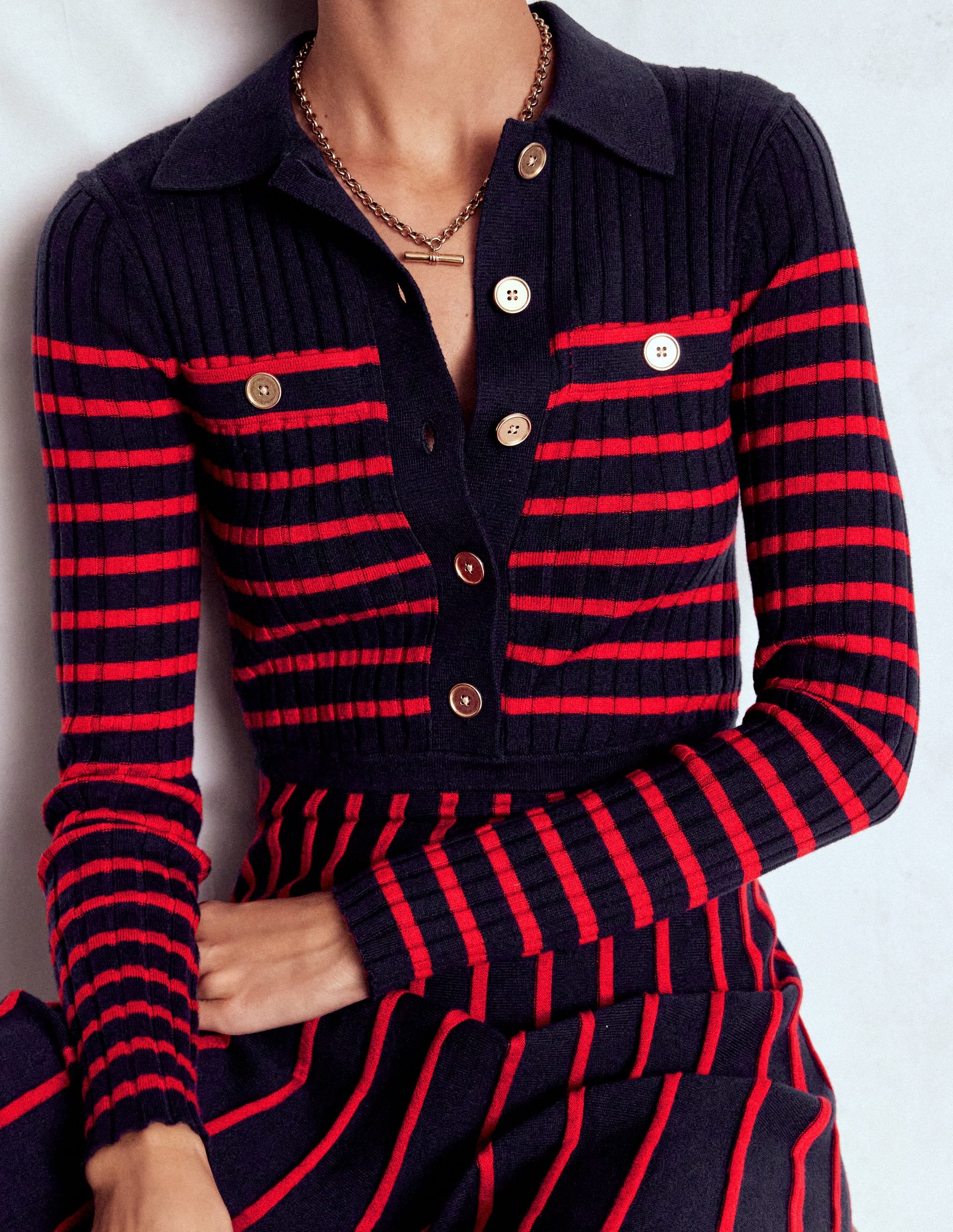 Brönte Knitted Rib Shirt Dress-Navy and Red Stripe - Image 5