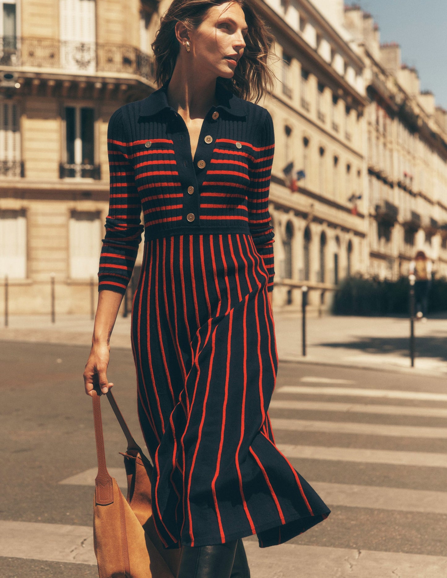 Brönte Knitted Rib Shirt Dress-Navy and Red Stripe