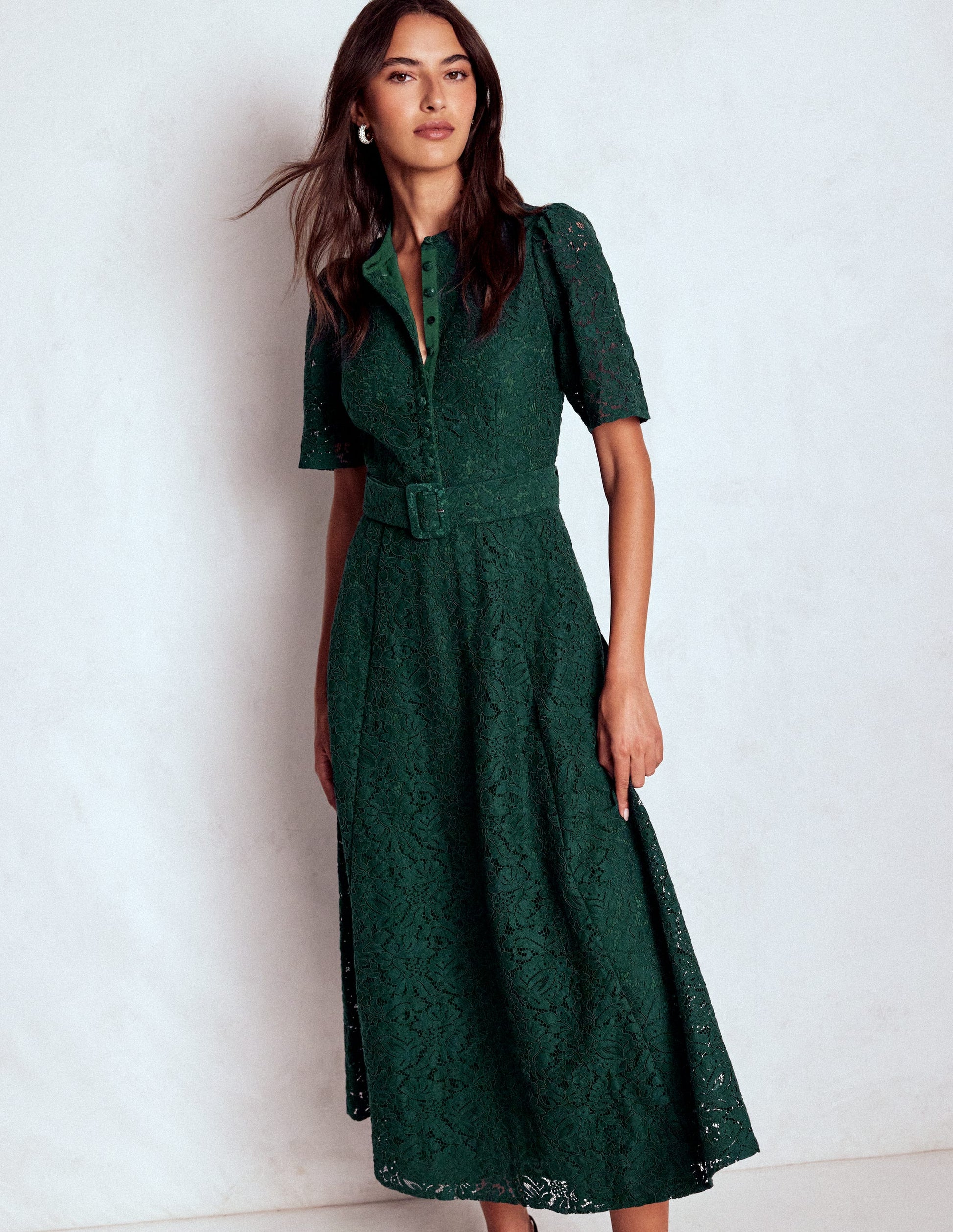 Kate Puff Sleeve Lace Dress-Dark Green-1