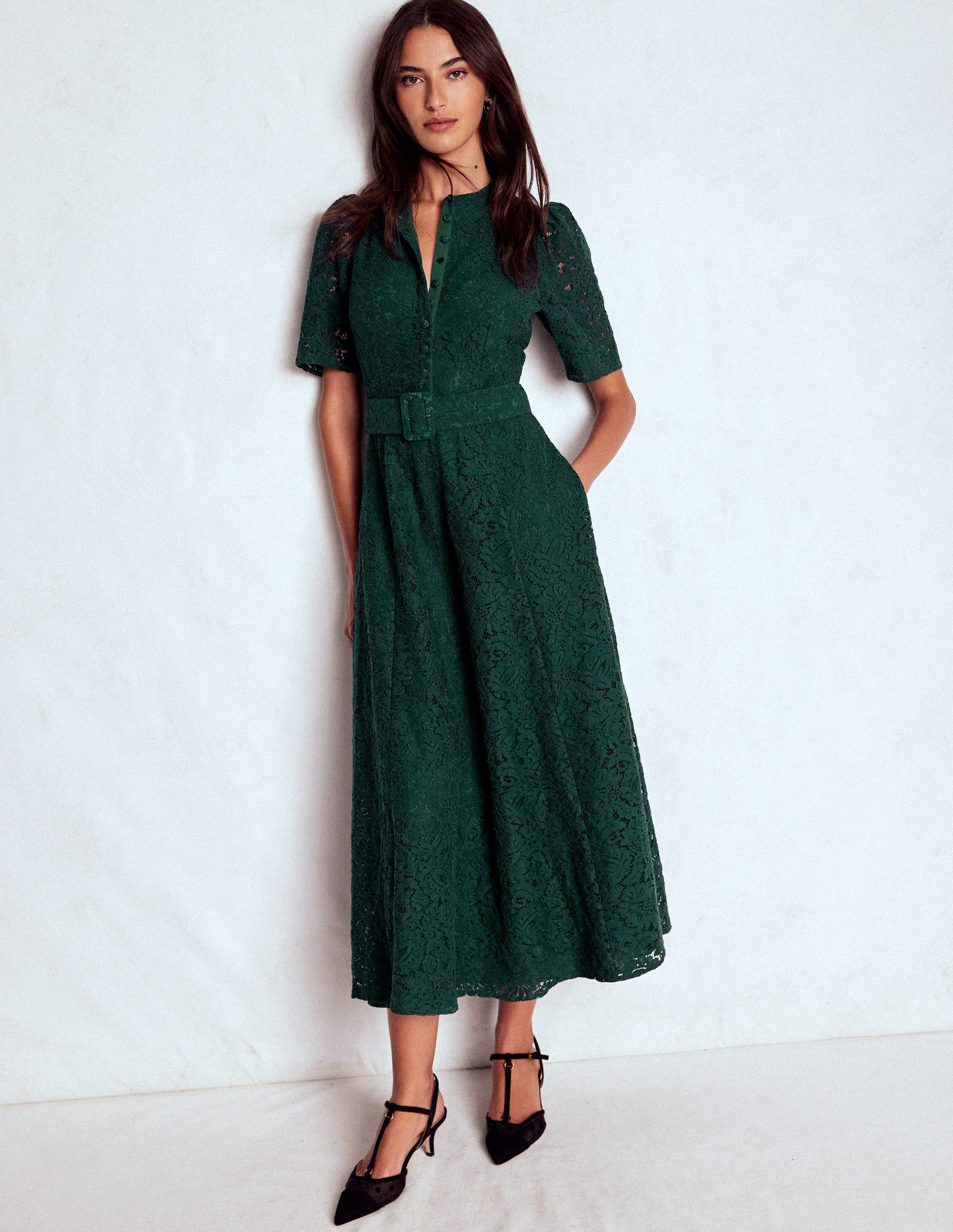 Kate Puff Sleeve Lace Dress-Dark Green | Boden UK Kate Puff Sleeve Lace Dress-Dark Green | Boden UK