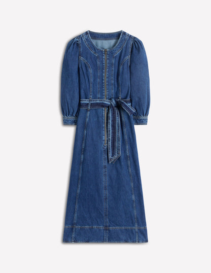 Zip Puff Sleeve Denim Dress-Dark Wash-5