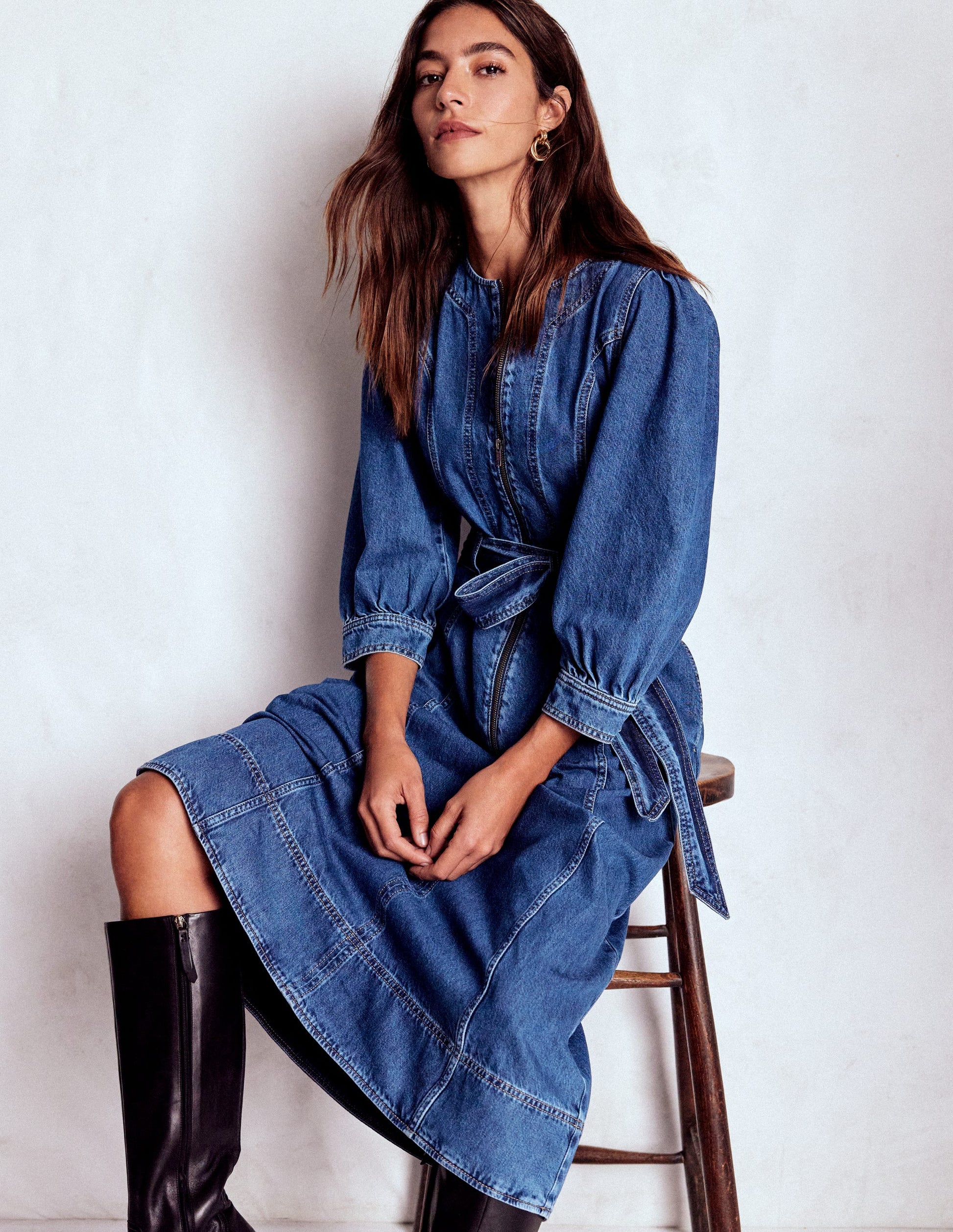 Zip Puff Sleeve Denim Dress-Dark Wash | Boden UK Zip Puff Sleeve Denim Dress-Dark Wash | Boden UK