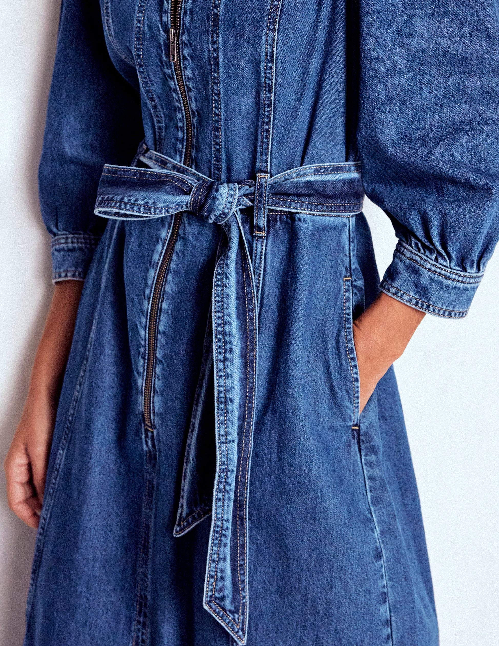 Zip Puff Sleeve Denim Dress-Dark Wash-2