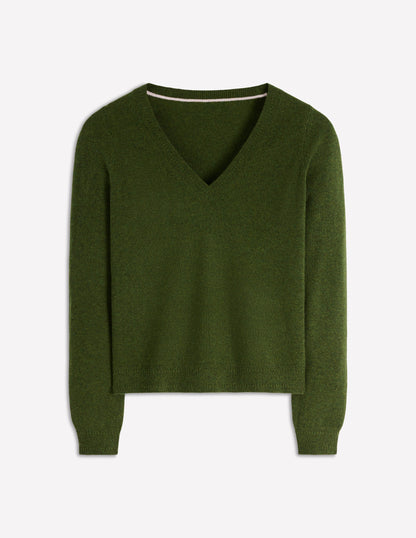 Eva Cashmere V-neck Jumper-Leaf Green Melange-4
