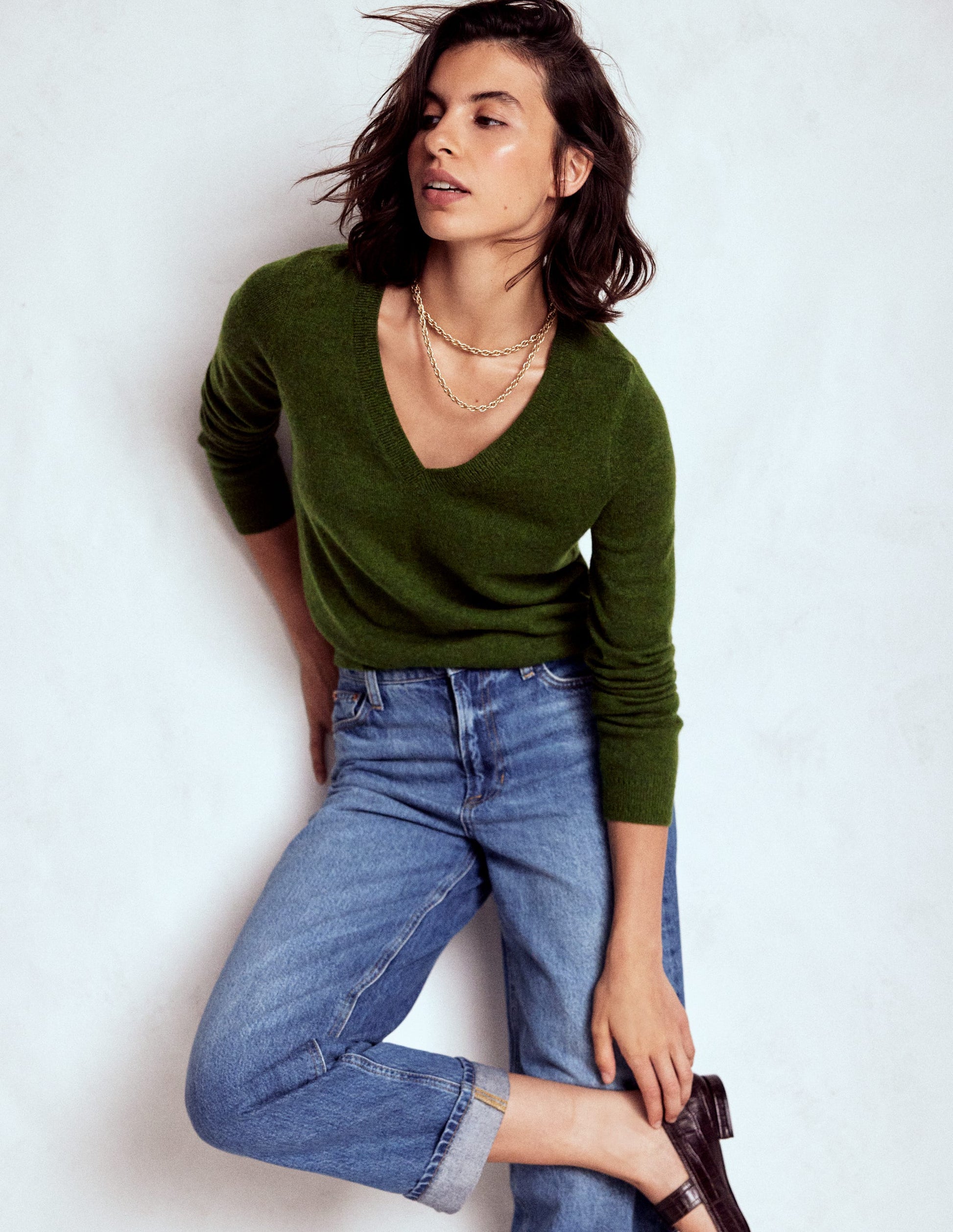 Eva Cashmere V-neck Jumper-Leaf Green Melange-1