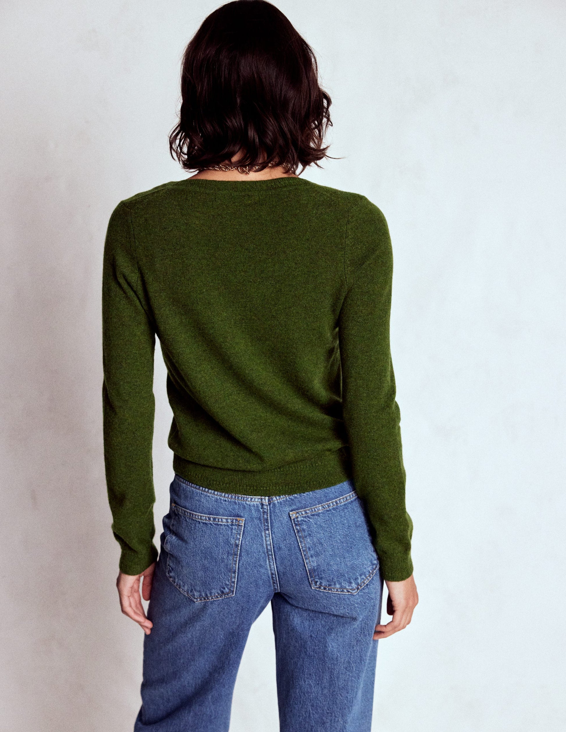 Eva Cashmere V-neck Jumper-Leaf Green Melange-3