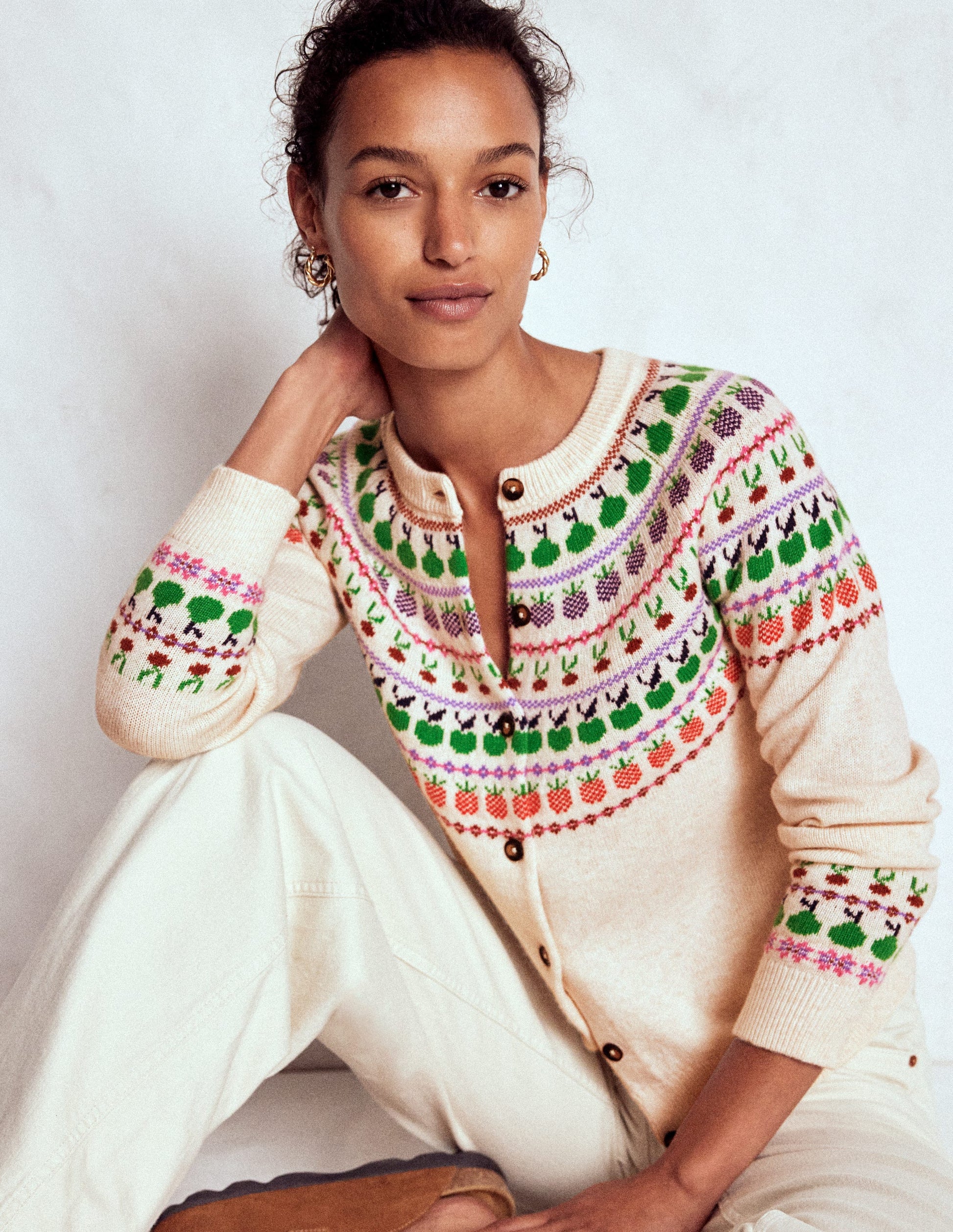 Edie Fair Isle Cardigan-Ecru Marl, Fruit Boden UK