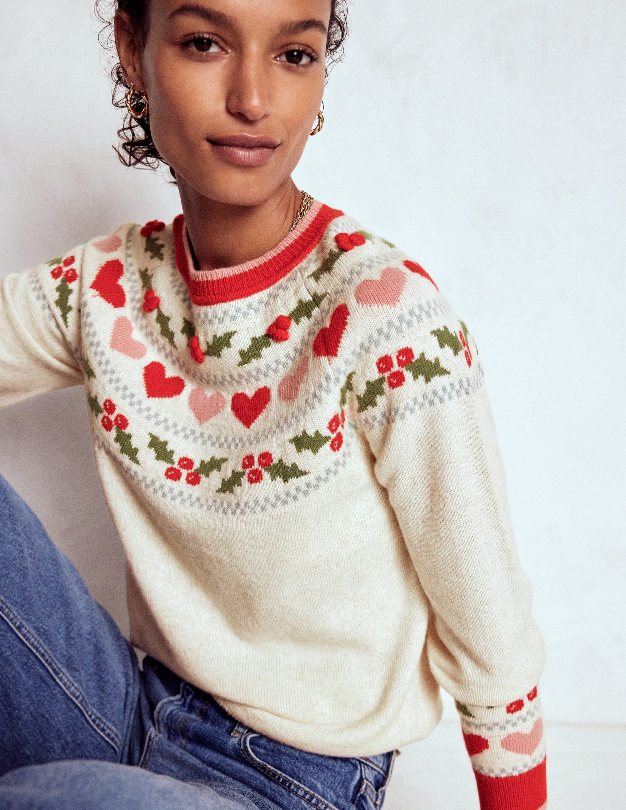 Edie Fair Isle Jumper-Oatmeal Melange, Holly - Image 1