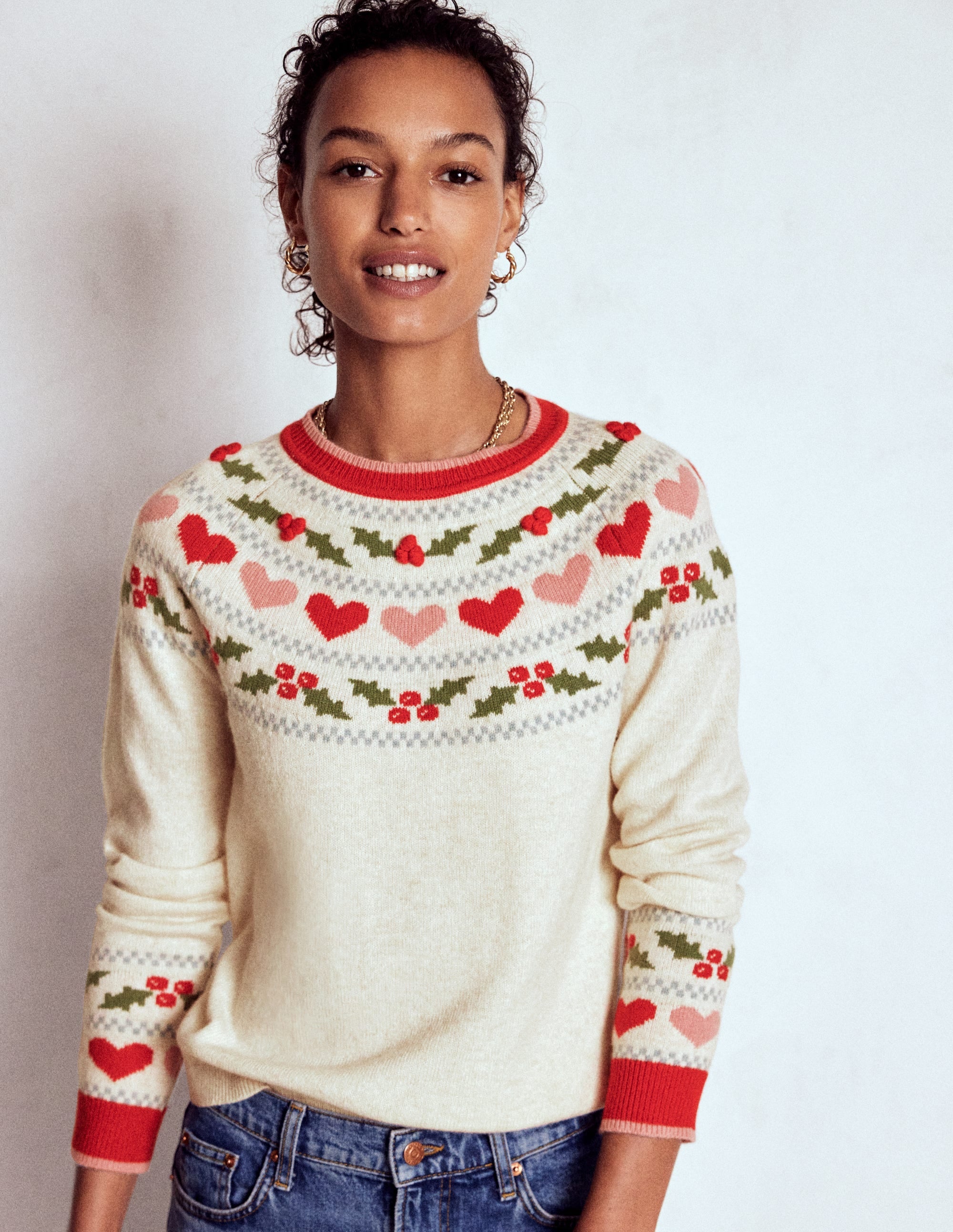 Edie Fair Isle Jumper-Oatmeal Melange, Holly - Image 2