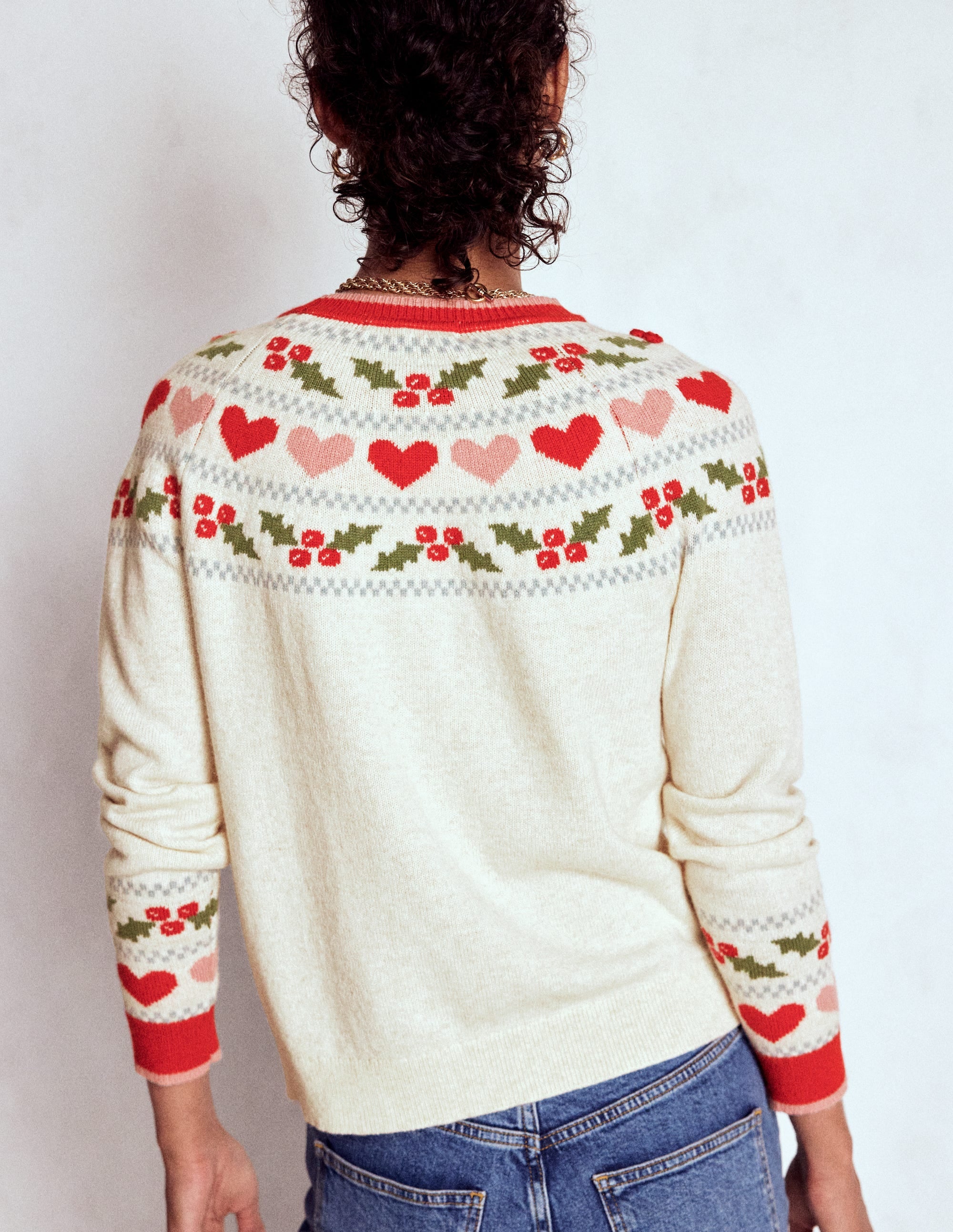 Edie Fair Isle Jumper-Oatmeal Melange, Holly - Image 3