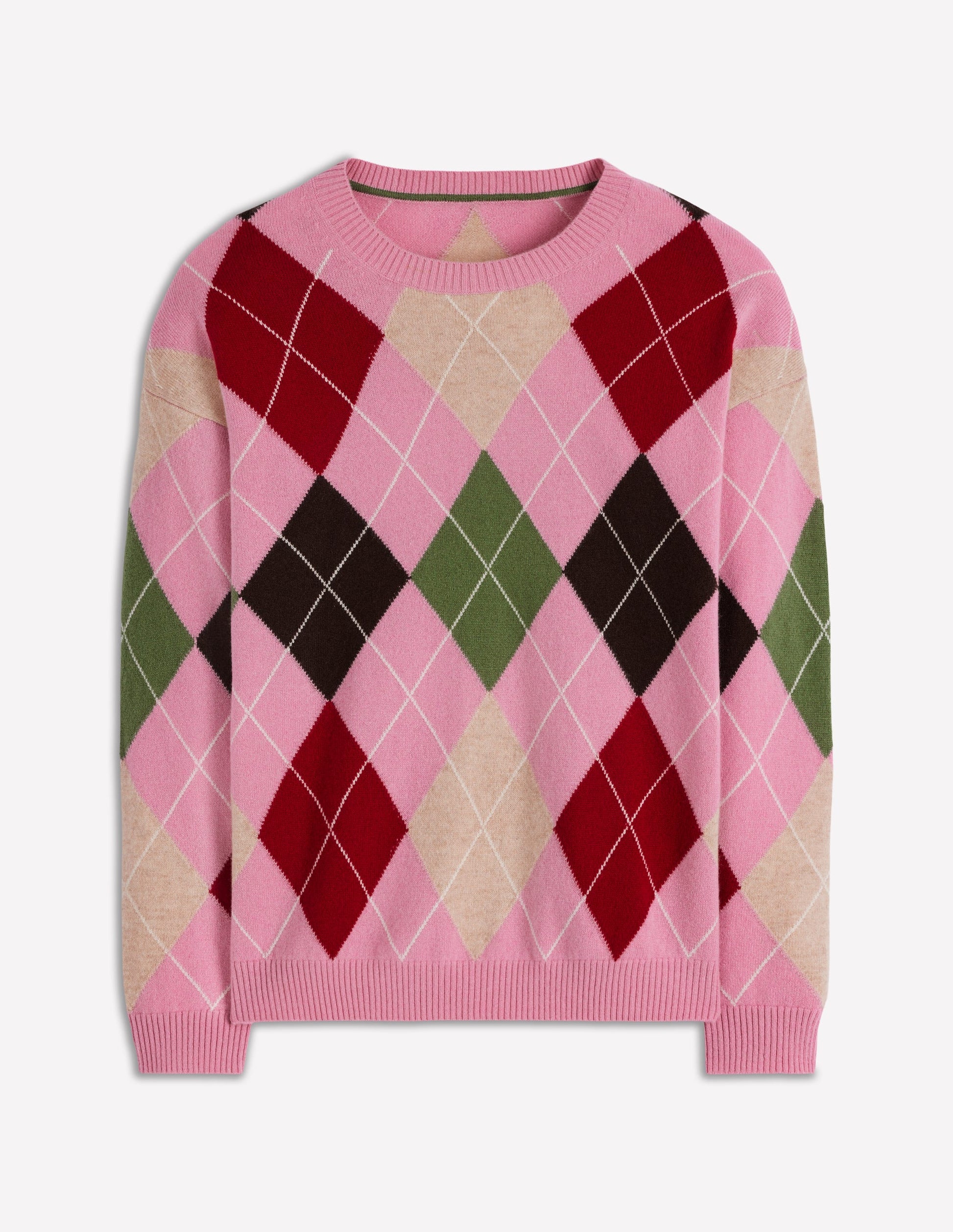Lydia Cashmere Jumper-Pink, Brown and Green Argyle-5