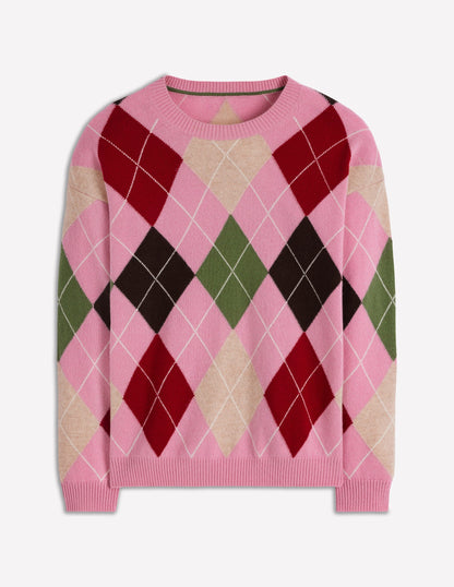 Lydia Cashmere Jumper-Pink, Brown and Green Argyle-5
