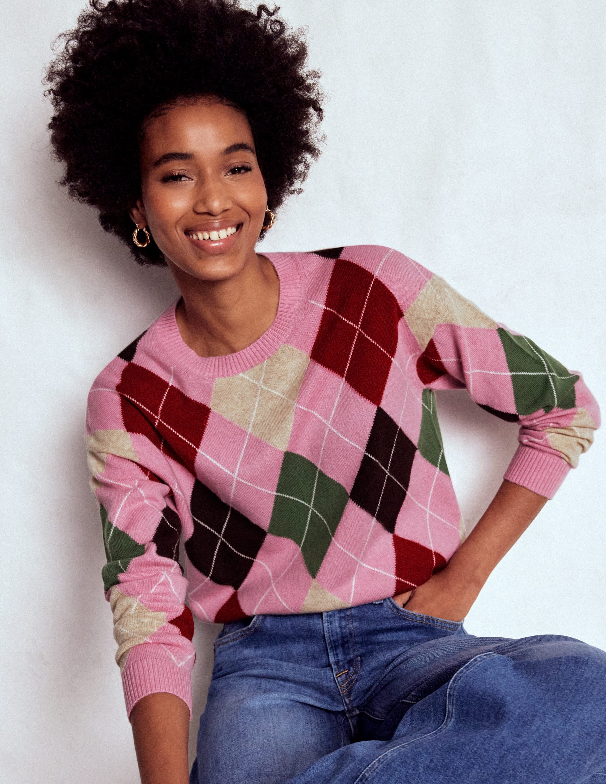 Lydia Cashmere Jumper-Pink, Brown and Green Argyle - Image 1
