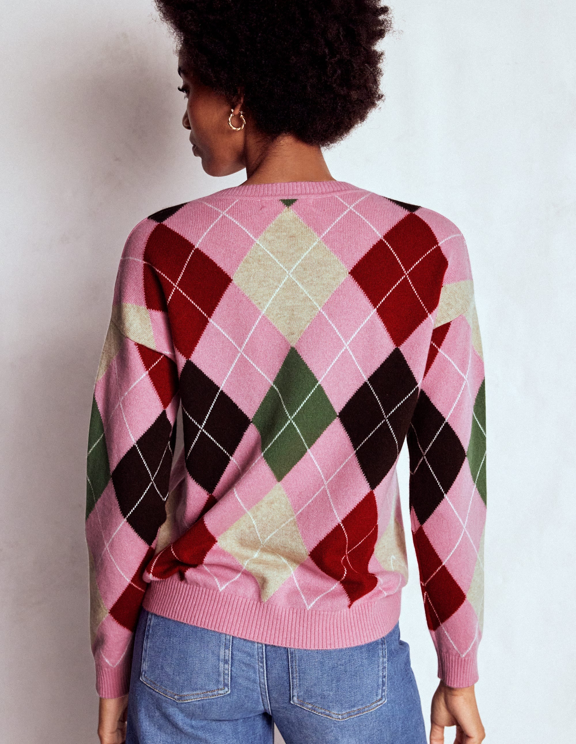 Lydia Cashmere Jumper-Pink, Brown and Green Argyle - Image 3