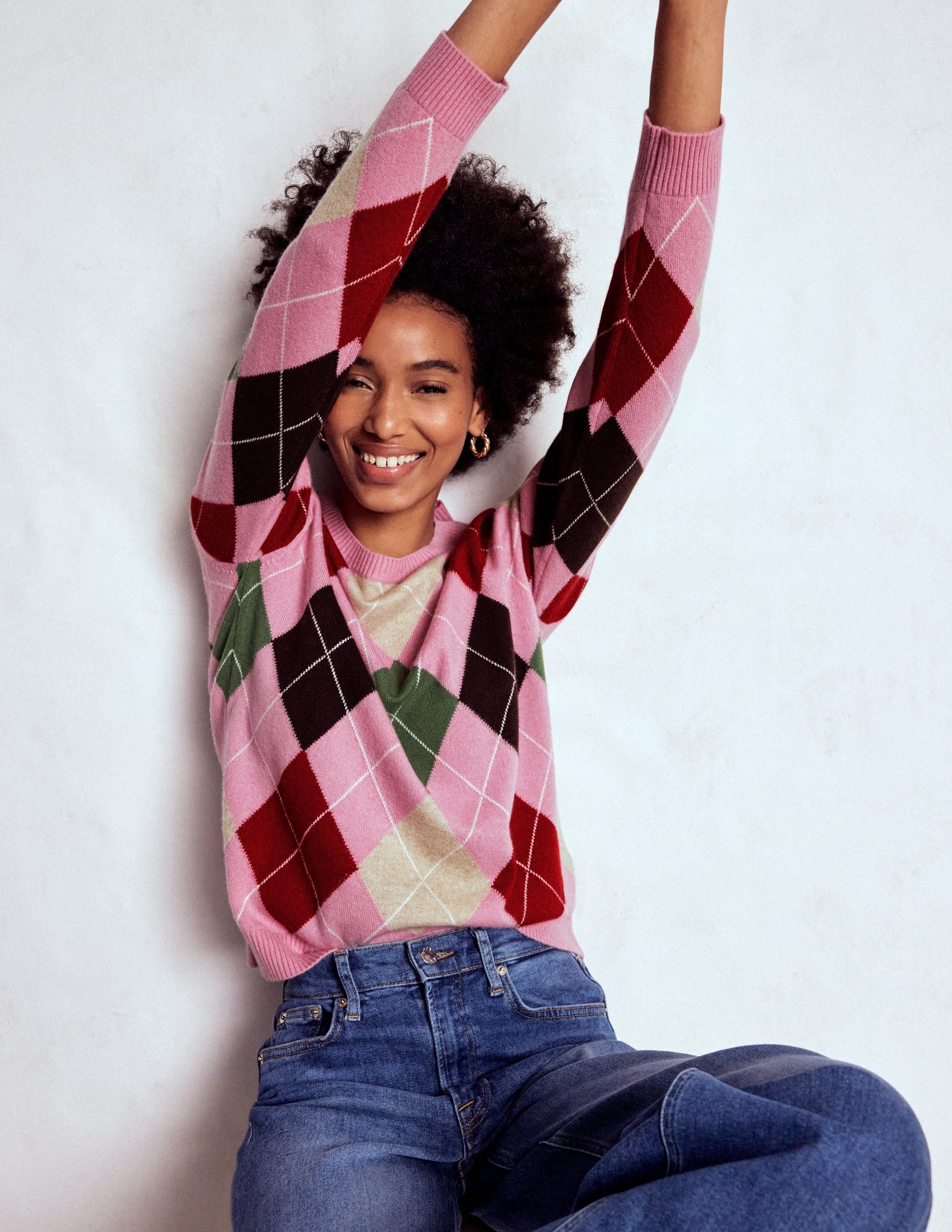 Lydia Cashmere Jumper-Pink, Brown and Green Argyle - Image 4