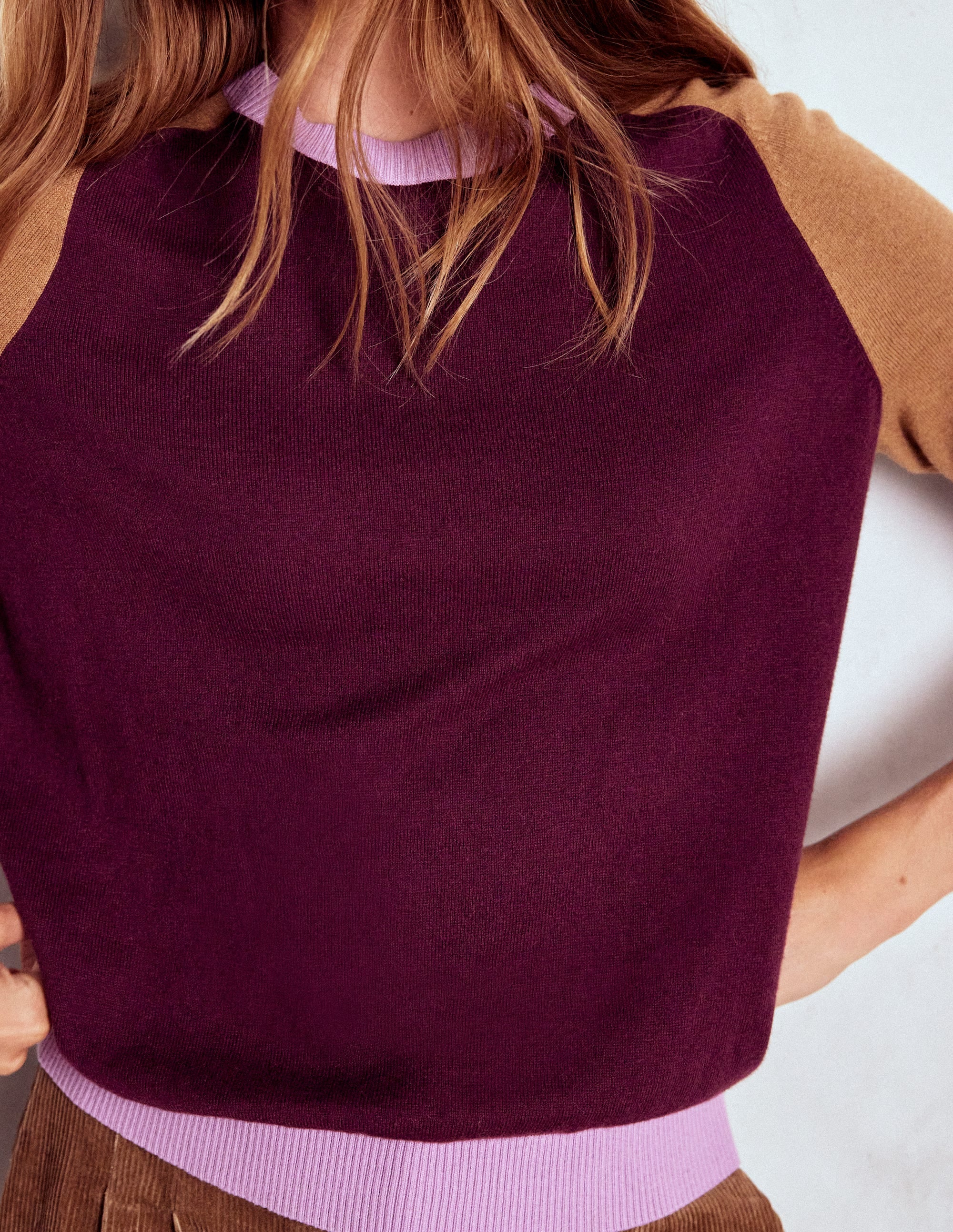 Meg Raglan Sleeve Jumper-Plum Jam,  Colour Block - Image 2