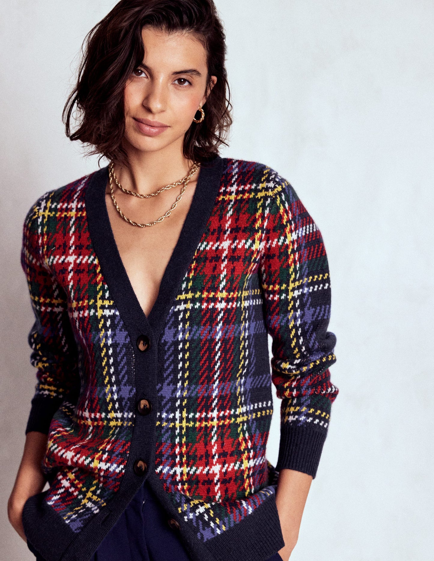 Quinn Boyfriend Cardigan-Navy, Green and Red Check