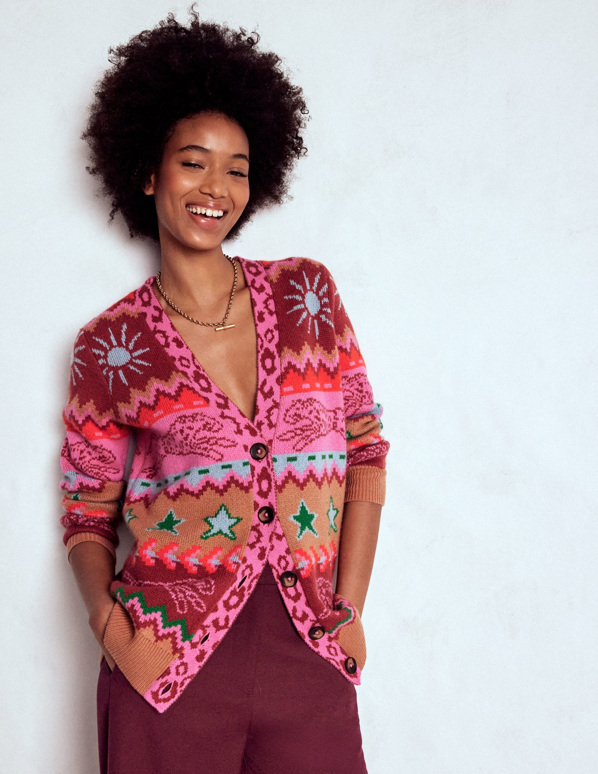 Quinn Boyfriend Cardigan-Camel, Cheetahs | Boden UK